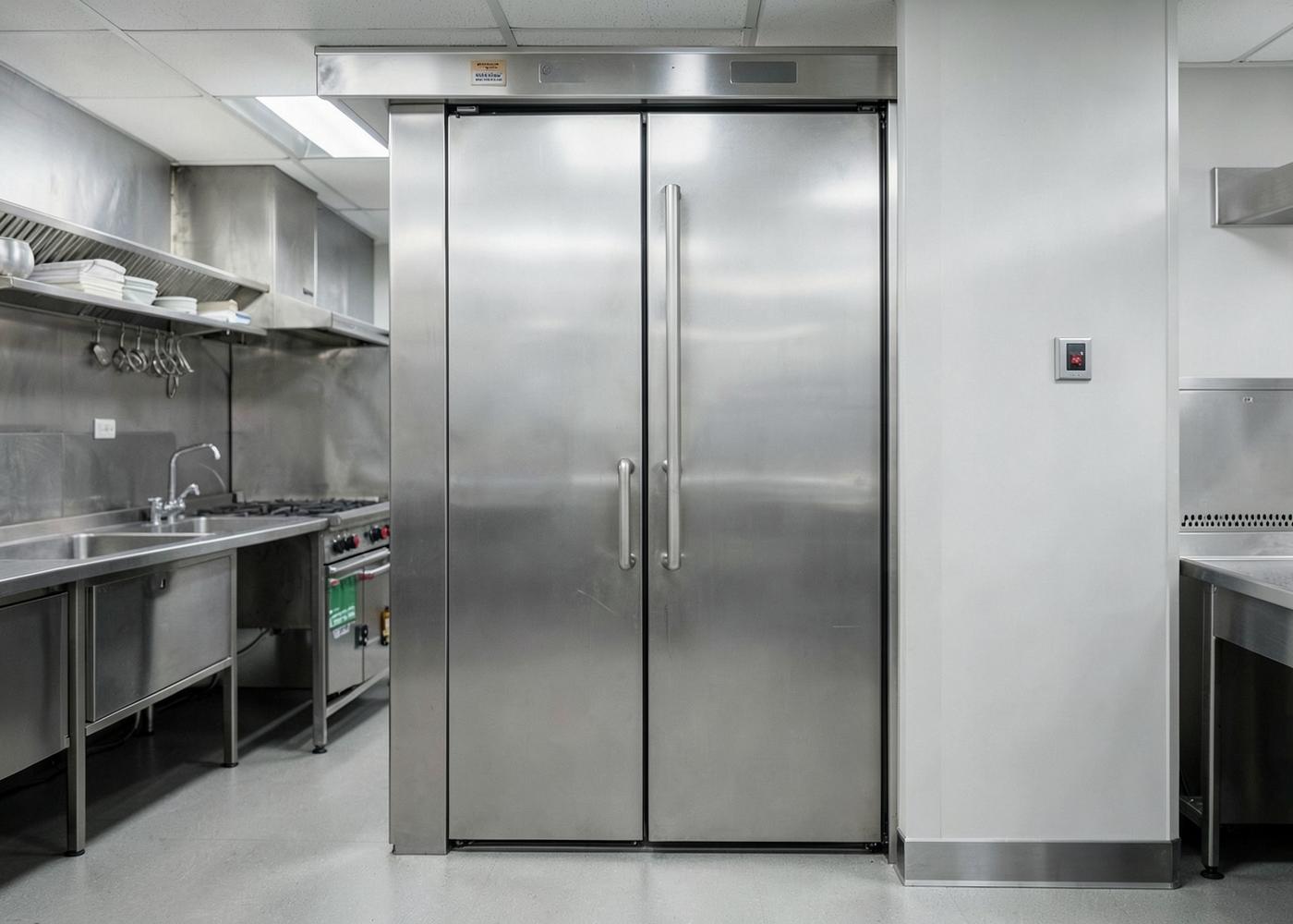 Chambre froide en inox dans une cuisine professionnelle